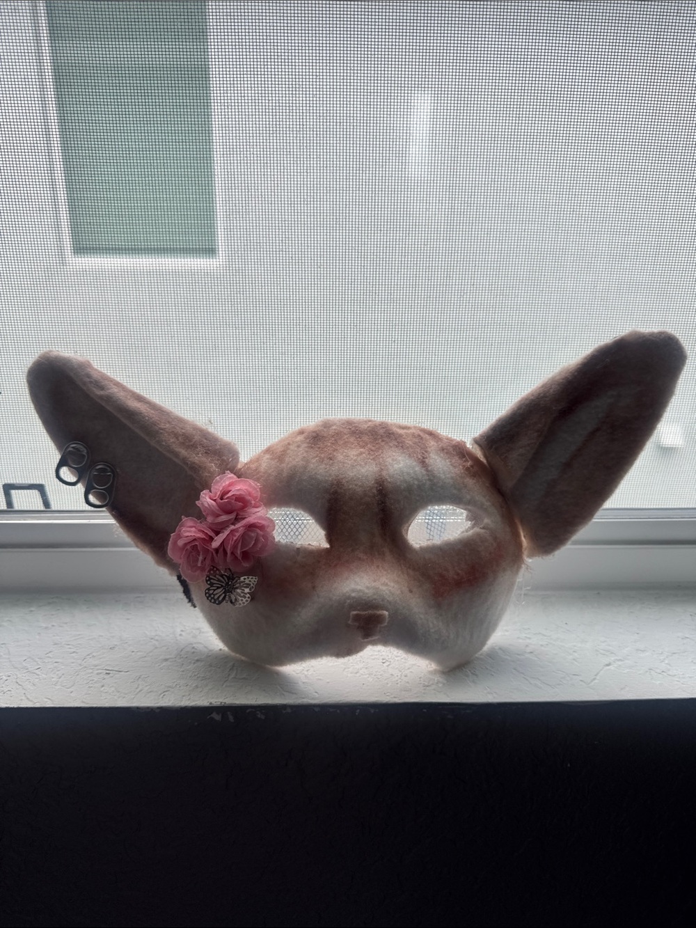 Handmade therian Felt Mask with Pink Flower